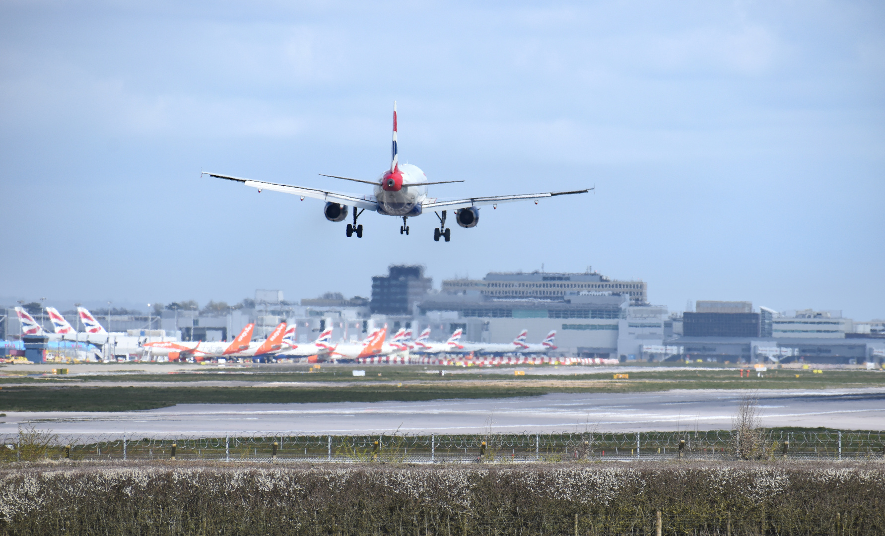 British Airways plane landing at Gatwick Airport with many grounded planes in the background.
